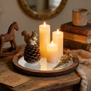 Plateau de bougie en miroir en bois plateau decoratif pour decoration de table de fete.