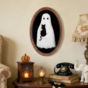 Exquisites Halloween Geist Katze Holz Bilderrahmen Detail, Vintage Wandbehang Dekoration.
