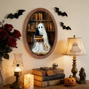 Halloween retro wooden oval wall art hanging plaque with cute ghost and black cat design.