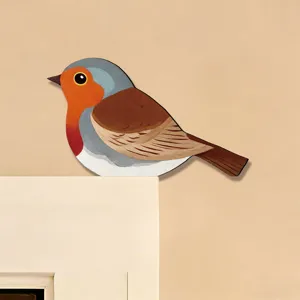 Vista dettagliata dell'adesivo angolare per uccelli pettirosso in legno, simpatica decorazione.