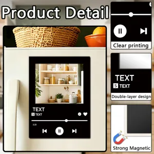 Custom acrylic wooden magnetic fridge sticker with creative music player design and strong magnet.