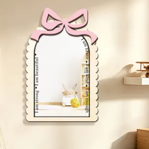 Wooden acrylic wall mirror with pink bow cute wave edge decorative mirror for bedroom home decor