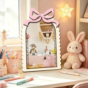 Wooden acrylic decorative mirror with positive quotes, cute pink bow design for bedroom desk decor.