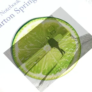 Translucent acrylic lime slice bookmark detail, clear fruit pattern design for book lovers and students.