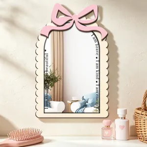 Wooden wall hanging mirror with pink bow aesthetic room decor motivational quotes sign