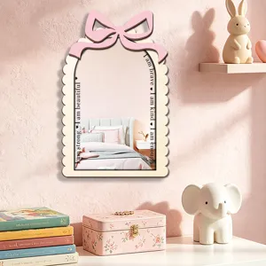 Wooden acrylic wall mirror with pink bow, cute inspirational quote decor for girls bedroom home.