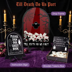 Halloween Wedding Guest Book Drop Frame Set Tombstone Sign with Wooden Tokens Box Decor