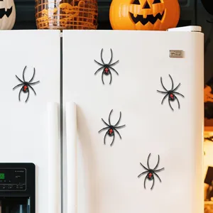 Detailed view of 3D spider fridge magnets, Halloween magnetic stickers for party decor.