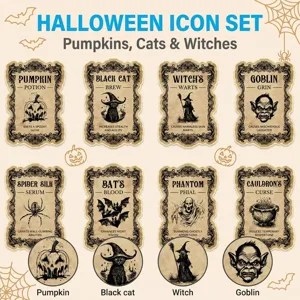 Halloween vintage autocollant ensemble citrouille chat noir sorcière gobelin déco