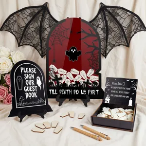 Halloween wedding guest book alternative drop top frame set with wooden coffin shaped chips sign