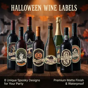Etiquettes de bouteille de vin d'Halloween avec 8 designs effrayants et imperméables.