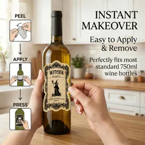 Detail d'autocollant de bouteille de vin d'Halloween avec etapes et design de sorciere.