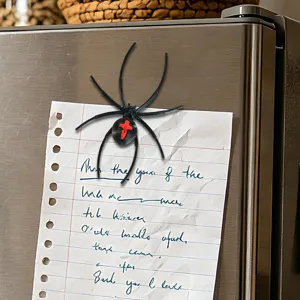 Detail shot of 3D spider fridge magnet on fridge surface, perfect for Halloween decor.