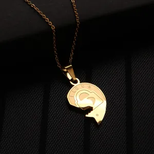 Gold titanium steel heart lock puzzle couple necklace pendant, stylish fashion jewelry gift.