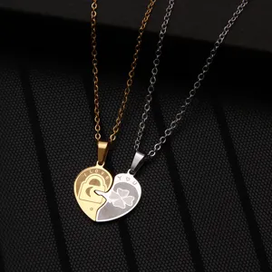 Detailed shot of titanium steel heart puzzle couple necklaces in gold and silver finish.