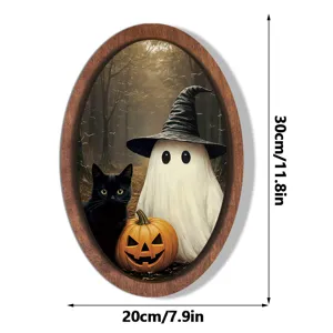 Halloween ghost wooden photo frame detail showing vintage spooky forest design and size specs.