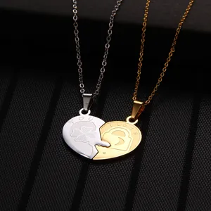 Stainless steel couple heart puzzle necklace with lock and key pendant for lovers.