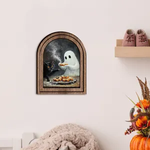 Halloween 3D cadre en bois mural, décoration vintage fantôme chat pour fête d'Halloween.