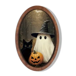 Retro Wooden Halloween Hanging Sign Ghost Black Cat Pumpkin Wall Plaque Double Layer Photo Frame Festival Party Wall Decor