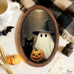 Halloween ghost wooden picture frame wall art decor vintage holiday home decoration detail