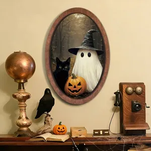 Halloween ghost wooden photo frame wall hanging vintage holiday decor retro festival sticker