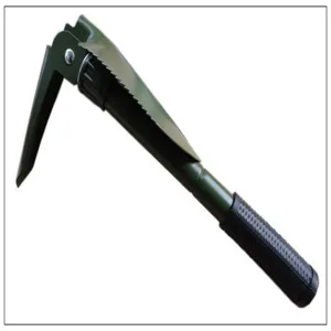 Folding military shovel detail showing the folded hoe position and textured handle grip.