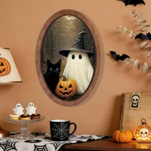 Halloween wooden photo frame wall hanging detail scene with ghost, cat and pumpkin decor.