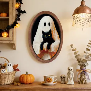 Pittura con cornice in legno di fantasma di Halloween, decorazione murale gatto nero vintage per casa.