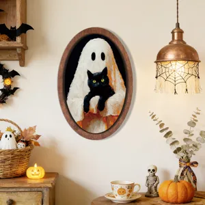 Pittura di cornice in legno gatto nero fantasma di Halloween decorazione murale retro