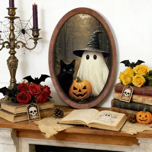 Close-up detail of vintage Halloween ghost wooden photo frame painting with spooky decor setup.