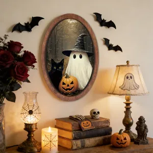 Halloween oval wooden picture frame with spooky ghost and black cat illustration for holiday.