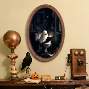 Tableau Halloween fantôme cadre ovale en bois déco rétro sombre scène ambiance suspendue