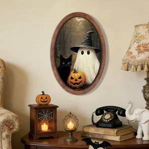 Halloween vintage wooden oval photo frame ghost cat wall hanging home holiday decor item