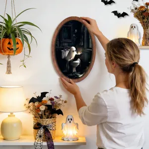 Halloween fantôme cadre en bois art mural décoration suspendue vue détail style effrayant chic