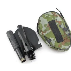 Portable folding military shovel with camouflage storage pouch for outdoor camping and hiking.