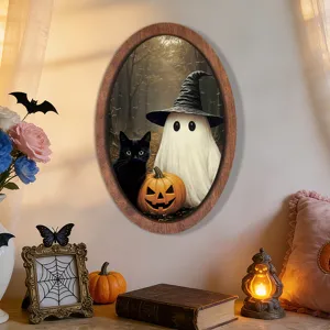 Halloween ghost wooden picture frame wall decor with vintage oval design for party.