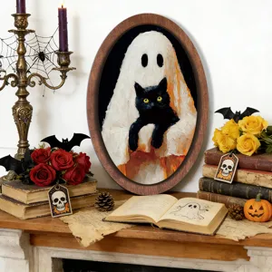 Vista dettagliata della cornice in legno di Halloween ovale con fantasma e gatto.