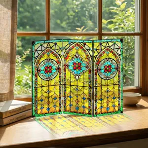 Mini paravent pliant en acrylique style vitrail decoratif vintage a motif floral pour interieur.