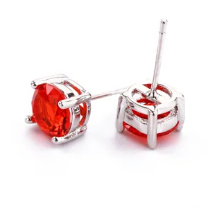 5MM Orecchini a Perno Zircone Rosso S925 Ago Argento Rotondo Donna Moda Gioielli