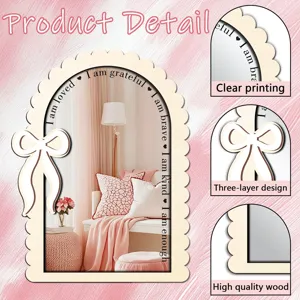 Wooden acrylic arch mirror with bow design, inspirational text engraving, home bedroom decor.