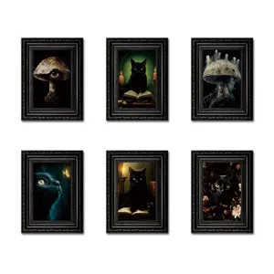 Halloween Schwarze Katze Holz Bilderrahmen Magnet Gotisch Dunkler Stil Kühlschrankaufkleber Feiertag Heimdekoration