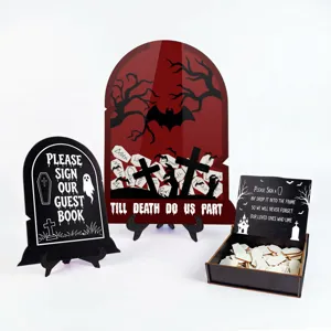 Halloween wedding guest book drop top frame set tombstone sign wooden box tokens decor