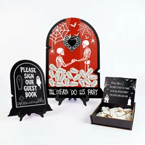 Halloween wedding guest book drop box tombstone drop top frame set with wooden signature tokens.