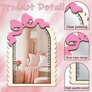 Wooden arched decorative mirror with pink bow, acrylic mirror surface for bedroom decor