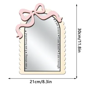Wooden acrylic mirror with pink bow, inspirational text, wall hanging and desktop decor.