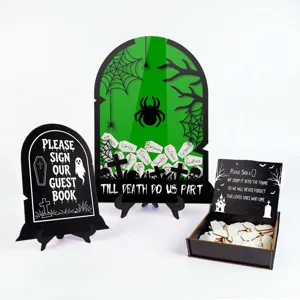 Halloween wedding guest book drop top frame set with wooden signature pieces and sign box decor.