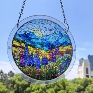 Atrapasol decorativo de vidrio acrilico con vitral colgante de ventana y cadena, paisaje.