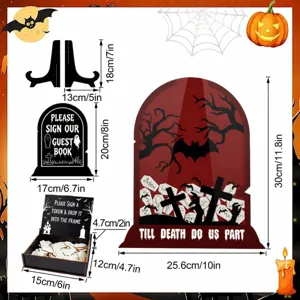 Halloween wedding guest book drop frame size chart, wooden tombstone sign and storage box.