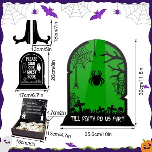 Halloween wedding guest book alternative wooden tombstone sign set with drop box and stands.