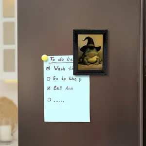 Cute 3D frog fridge magnet with retro black picture frame funny witch hat design decor.